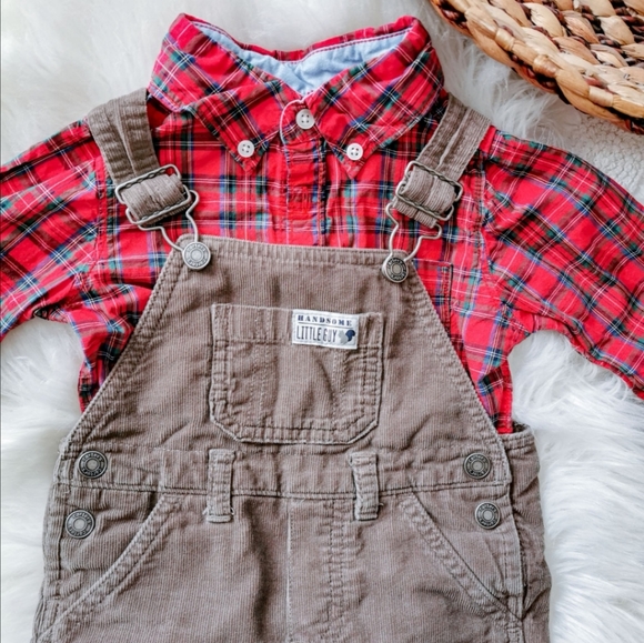 Holiday Outfit - Light Brown Corduroy Overalls & Red Plaid Onesie - 18-24 months - Picture 2 of 3
